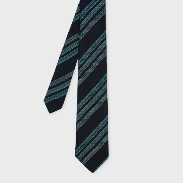 Paul Smith Navy Linen-silk Block Stripe Tie Blue In Blue