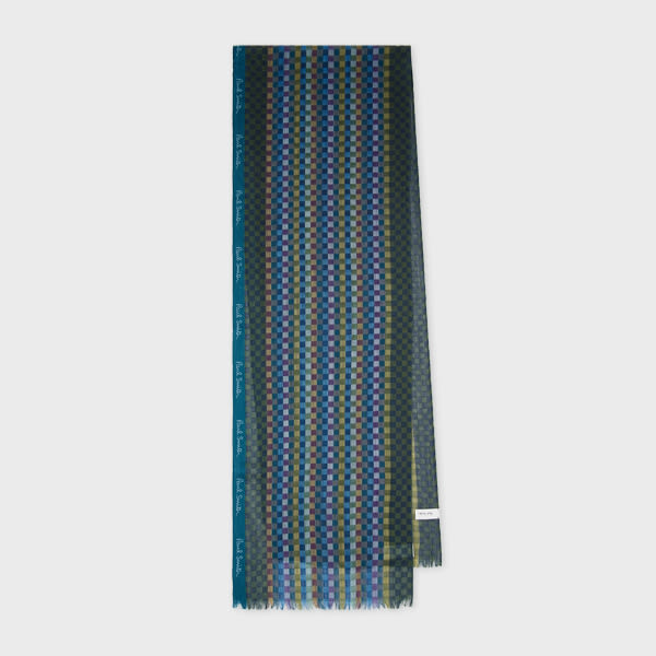 Paul Smith Teal Blue Check Merino Wool-Silk Blend Scarf