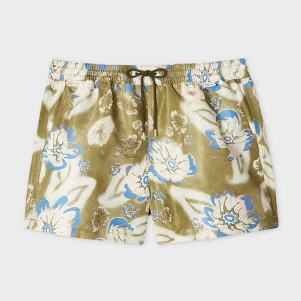 Paul Smith Green Khaki 'Riso Floral' Print Swim Shorts,