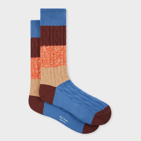 Paul Smith Blue Cable Knit Block Stripe Socks In Blue