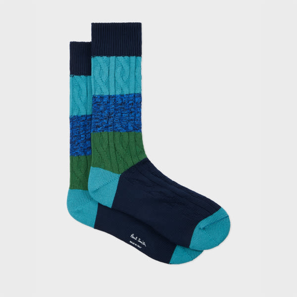 Paul Smith Blue Cable Knit Block Stripe Socks In Blue