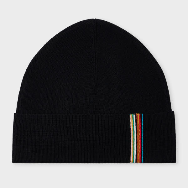 Paul Smith Black Merino Wool 'signature Stripe' Trim Beanie