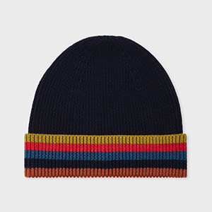 Paul Smith Navy Blue Merino Wool 'artist Stripe' Beanie In Black