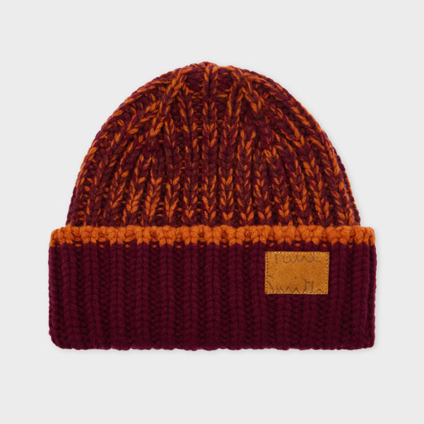 Paul Smith Lambswool Orange And Red Chunky Rib Beanie In Red