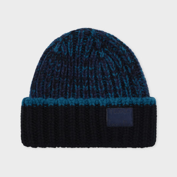 Paul Smith Lambswool Blue And Black Chunky Rib Beanie In Blue