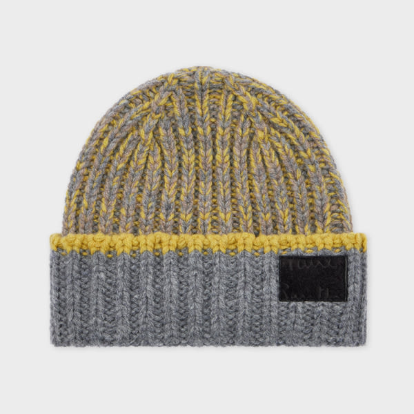 Paul Smith Lambswool Grey And Yellow Chunky Rib Beanie In Gray