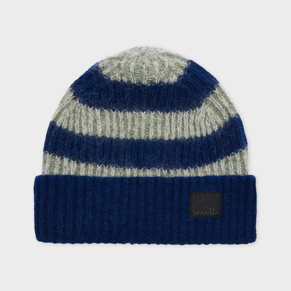 Paul Smith Stripe Navy Blue Lambswool-mohair Chunky Knit Beanie In Blue