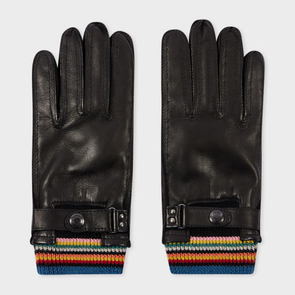 Paul Smith Black Leather 'signature Stripe' Cuff Gloves In Black