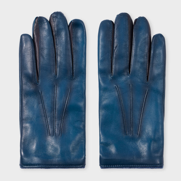 Paul Smith Blue Leather Gloves With Wool-cashmere Lining In Blue