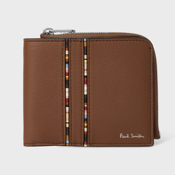 Paul Smith Tan Leather 'Signature Stripe' Piping Zip Billfold Wallet Brown