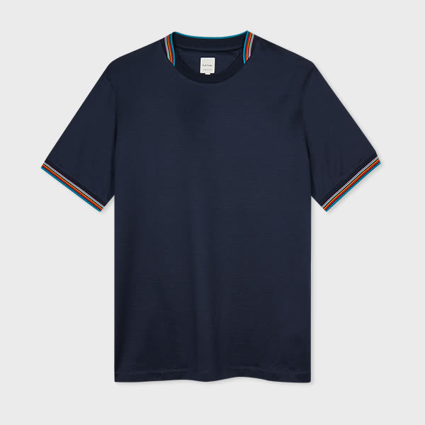 Paul Smith Navy Mercerised Cotton 'Signature Stripe' Trim T-Shirt Blue