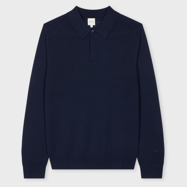 Shop Paul Smith Navy Merino Wool Knitted Long-sleeve Polo Shirt Blue