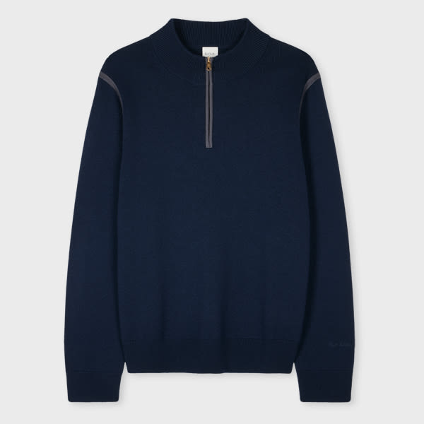 Shop Paul Smith Navy Merino Contrast-seam Half-zip Sweater Blue