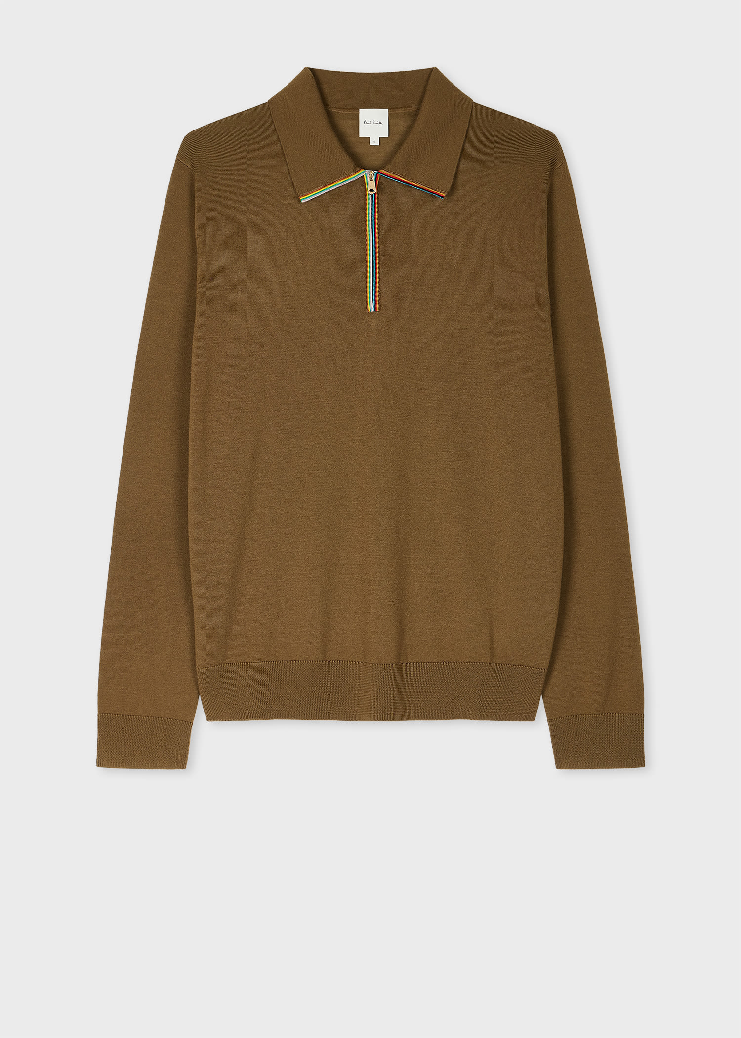 PAUL SMITH DARK KHAKI 'SIGNATURE STRIPE' ZIP TRIM WASHABLE MERINO WOOL POLO SHIRT BROWN