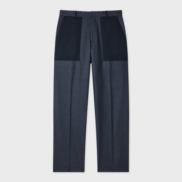 Paul Smith Navy Wool Check Contrast-panel Trousers Blue In Blue