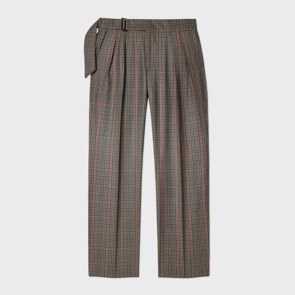 Paul Smith Tan Check Wool Pleat-Front Belted Trousers Brown