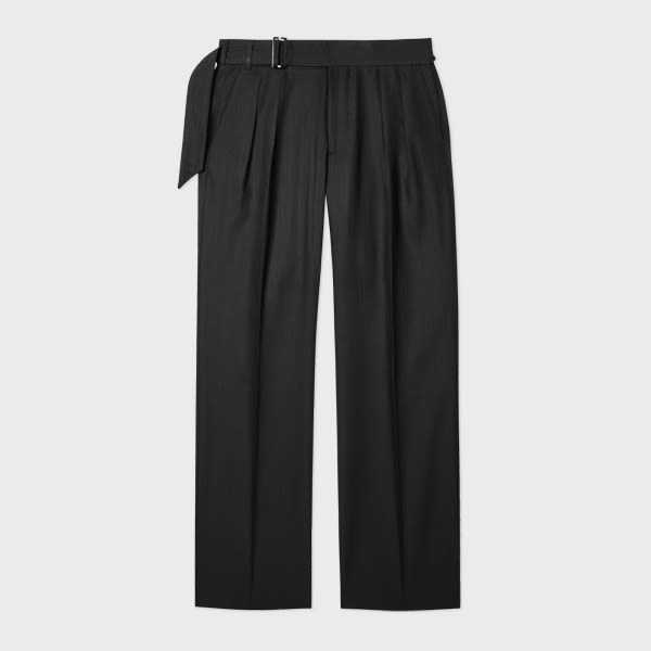 Paul Smith Black Textured Wool-lyocell Belted Trousers In Black