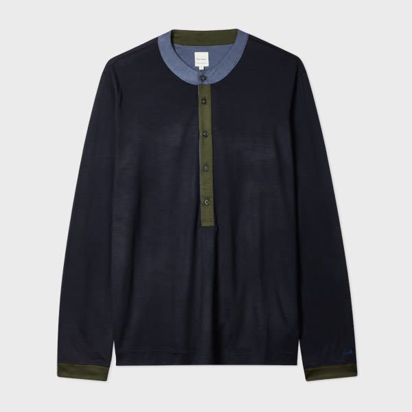 Paul Smith Navy Merino Wool Contrast-collar Henley Top Blue In Blue