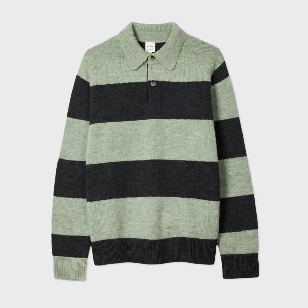 Paul Smith Green And Charcoal Block Stripe Polo Sweater In Green