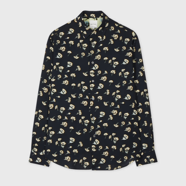 Paul Smith Navy 'Shadow Floral' Print Viscose-Linen Shirt Blue