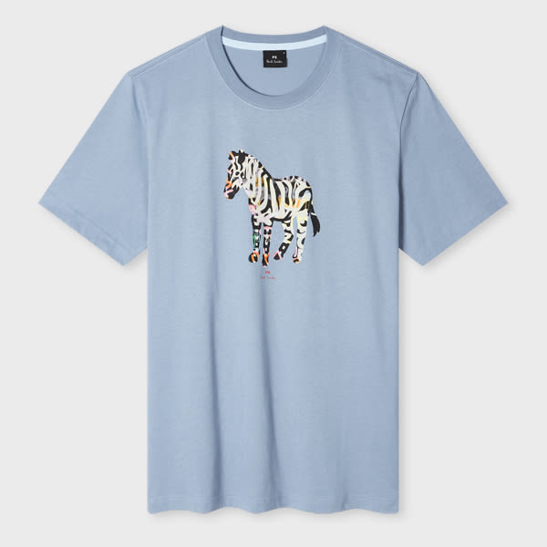 Ps By Paul Smith Pale Blue Organic Cotton 'graffiti Zebra' T-shirt In Blue