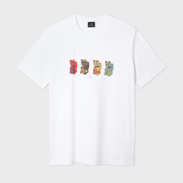 Ps By Paul Smith White 'lucky Cats' Print T-shirt In White