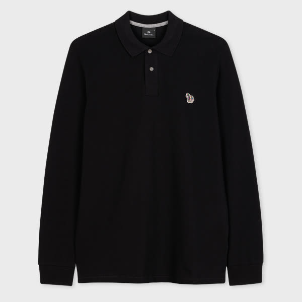 Ps By Paul Smith Black Cotton Zebra Logo Long-sleeve Polo Shirt In Black