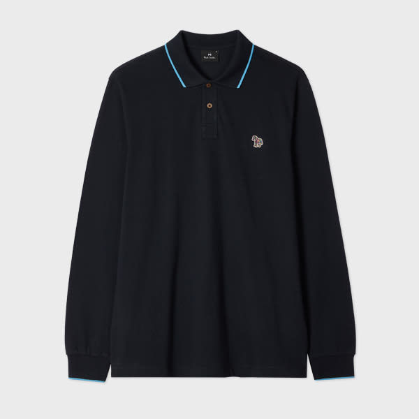 Ps By Paul Smith Navy Zebra Logo Long-sleeve Polo Shirt With Tipping Blue