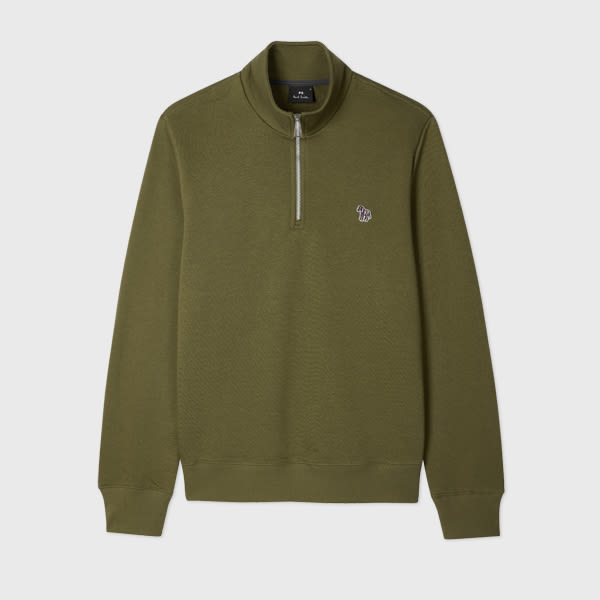 Ps By Paul Smith Khaki Green Organic Cotton Zebra Logo Half-zip Sweatshirt In Green