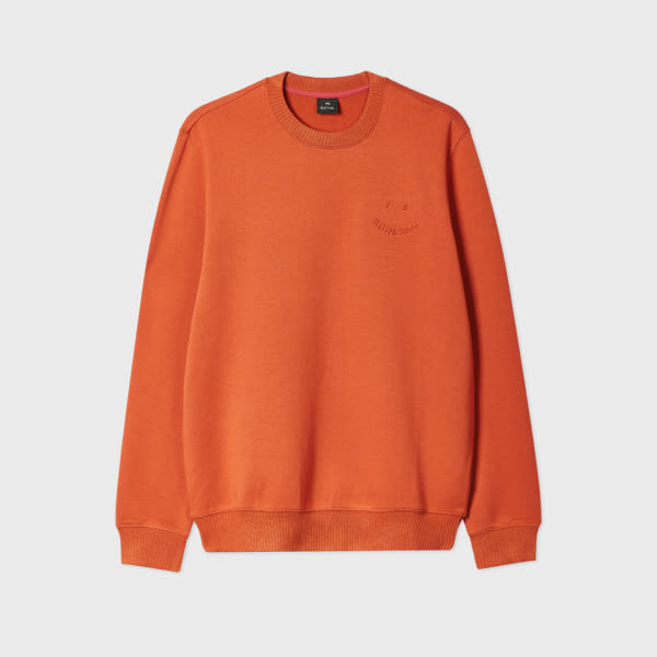 Ps By Paul Smith Rust Orange Embossed 'happy' Crew Neck Sweater Red