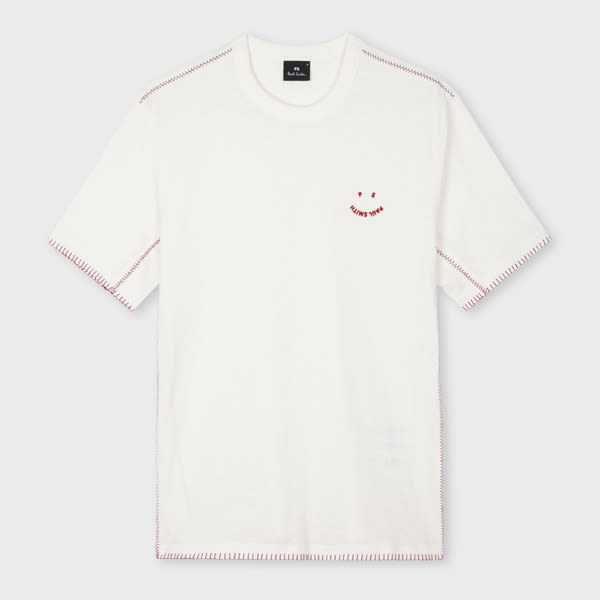 PS Paul Smith White Blanket-Stitch 'Happy' T-Shirt
