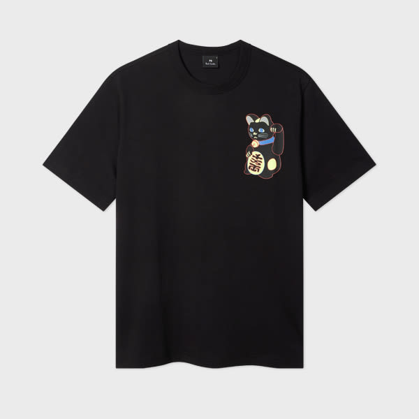 Ps By Paul Smith Black 'lucky Cat' Print T-shirt In Black