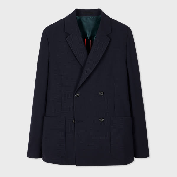 PS BY PAUL SMITH NAVY SEERSUCKER CHECK DOUBLE-BREASTED BLAZER BLUE