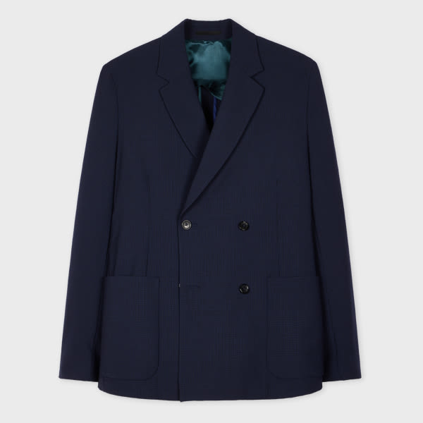 Ps By Paul Smith Navy Gingham Wool-blend Double-breasted Blazer Blue