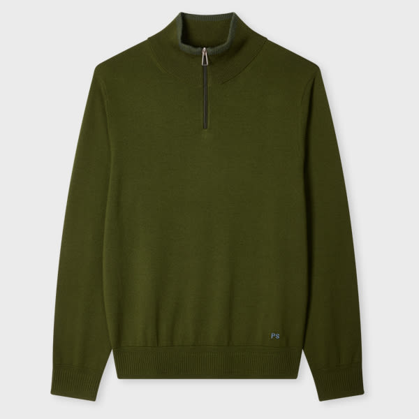 PS Paul Smith Khaki Merino Wool Half Zip Sweater Green