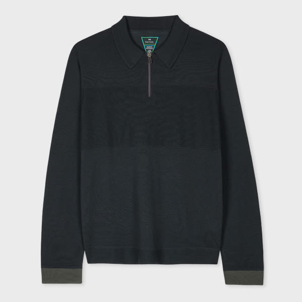 Ps By Paul Smith Charcoal Washable Merino Knitted Zip Polo Shirt Black In Black