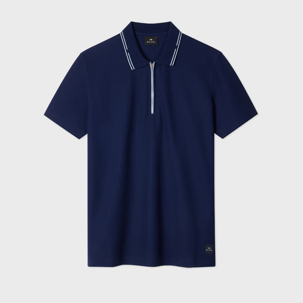 Ps By Paul Smith Navy Zip-neck Pique Polo Shirt Blue