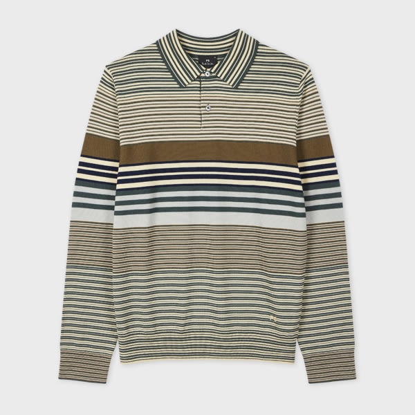 Ps By Paul Smith Khaki Merino Wool Stripe Long-sleeve Polo Shirt Green