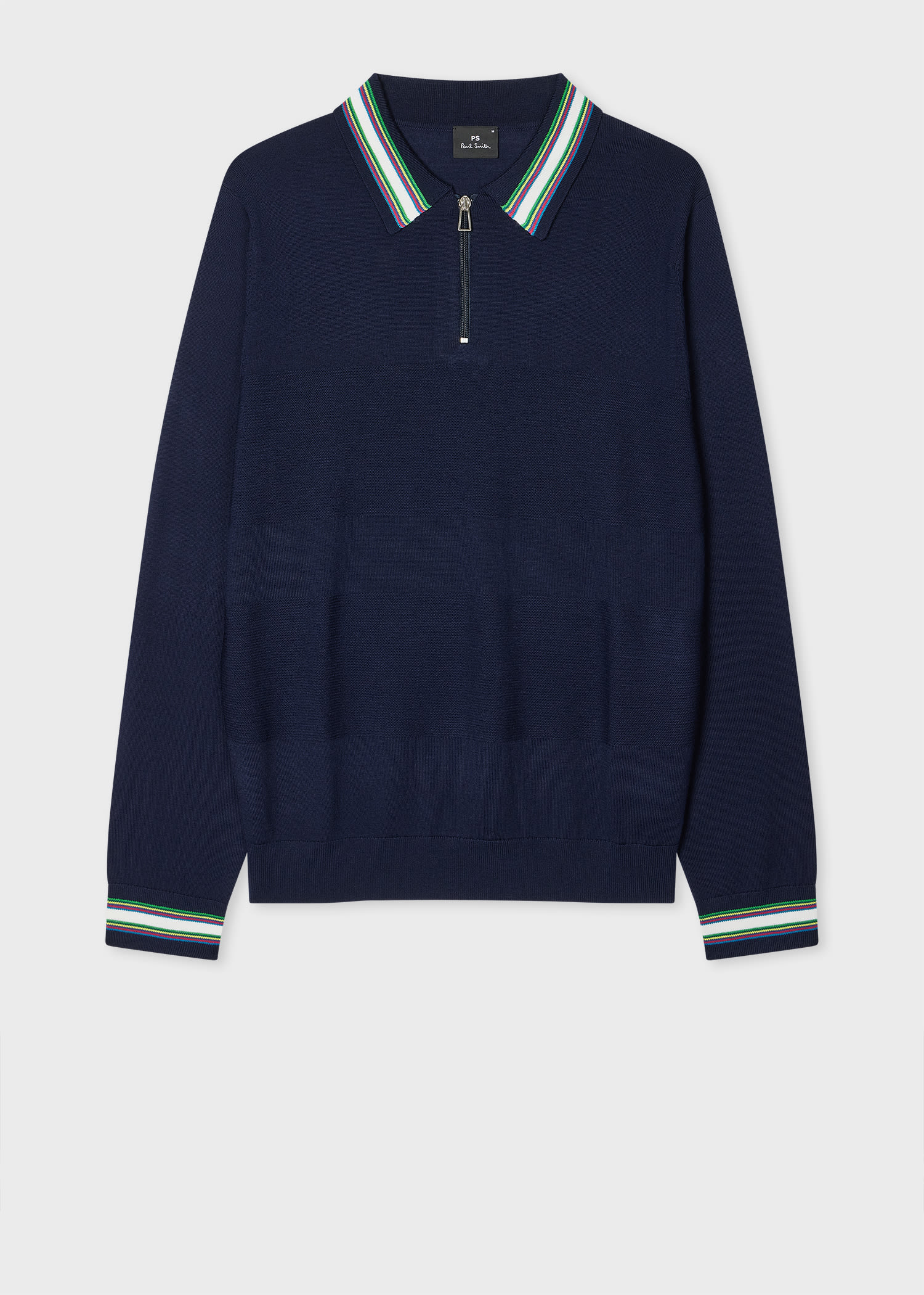 Ps By Paul Smith Navy Wool-cotton Zip Neck Knitted Polo Shirt Blue