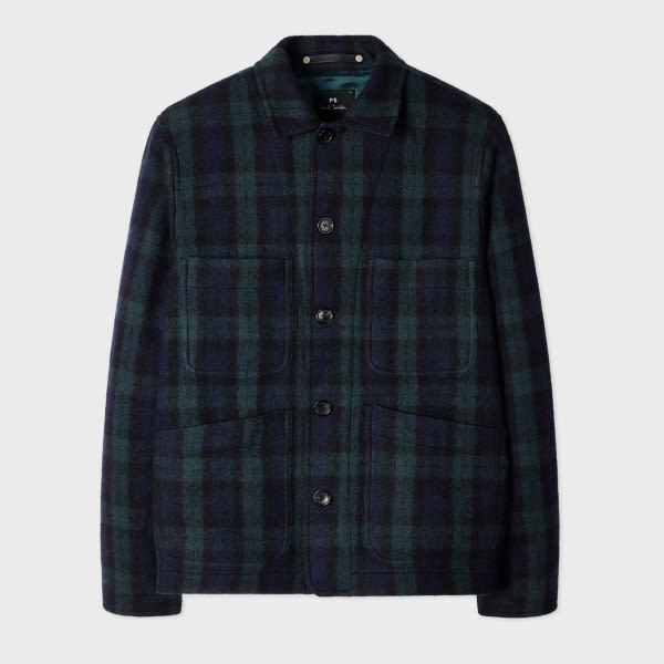 Ps By Paul Smith Navy And Green Check Wool Work Jacket Black In Black