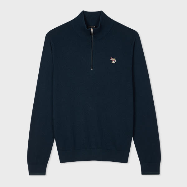 PS Paul Smith Dark Navy Cotton-Blend Half Zip Zebra Logo Sweater Blue