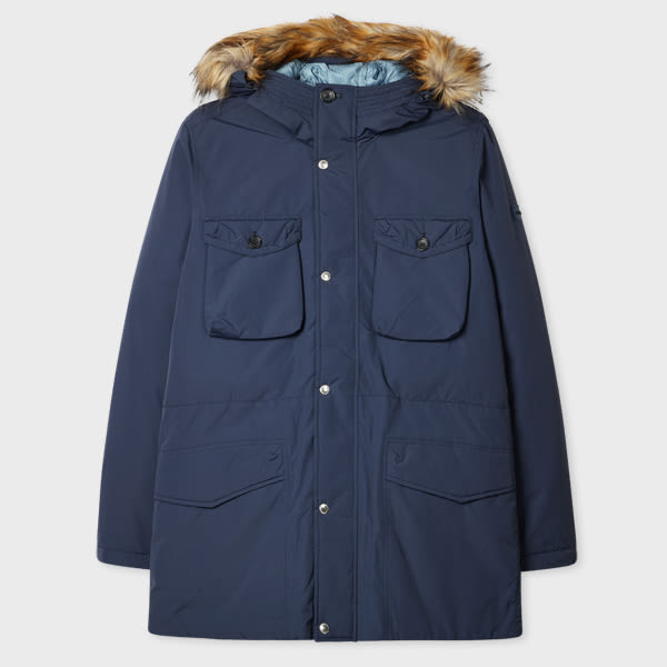 Ps By Paul Smith Navy Down Parka With Faux Fur Hood Blue In Blue