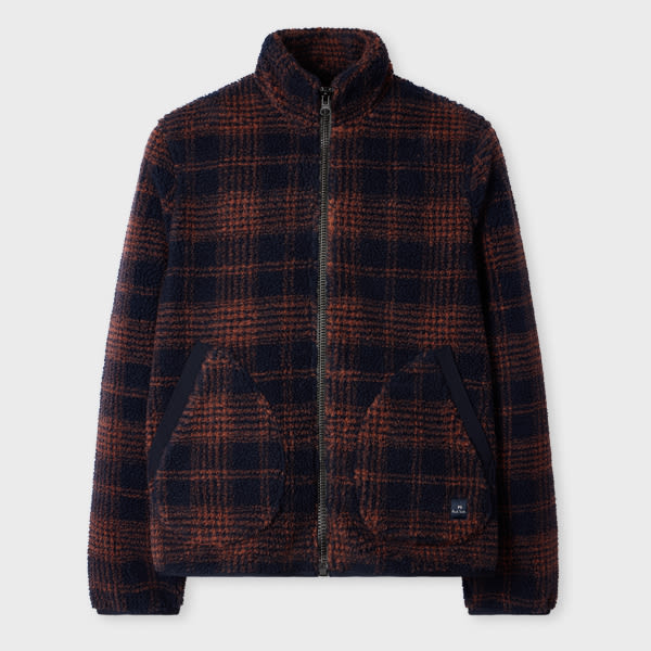 Ps By Paul Smith Navy And Orange Check Zip Fleece Jacket Blue In Brown