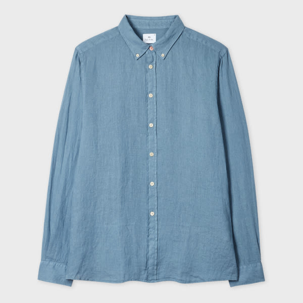 PS Paul Smith Blue Linen Button-Down Collar Shirt