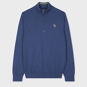 PS Paul Smith Royal Blue Organic Cotton Half Zip Zebra Logo Sweater