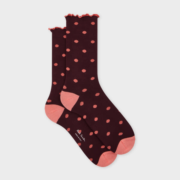 Paul Smith Women's Burgundy and Pink Polka Dot Frill Socks Red