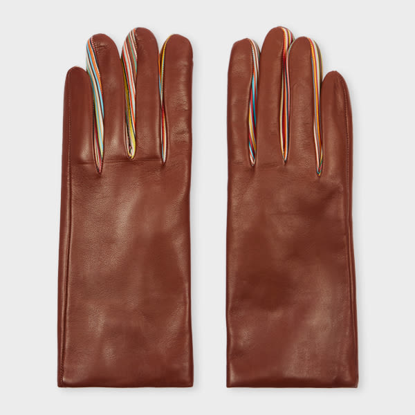 Paul Smith Women's Tan Brown Leather 'signature Stripe' Gloves In Brown