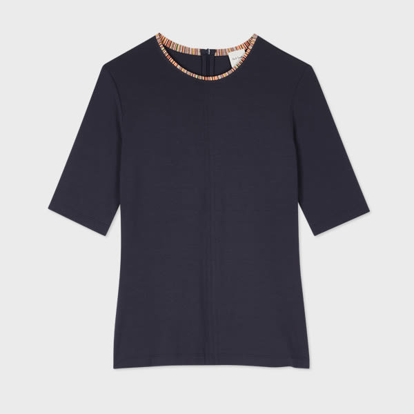 Paul Smith Women's Jersey Navy Top with 'Signature Stripe' Trim Blue
