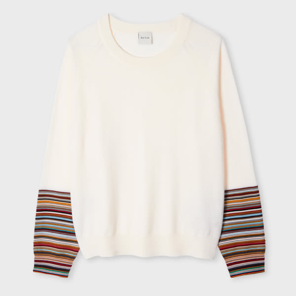 Shop Paul Smith Women's Cream Merino Wool 'signature Stripe' Cuff Sweater White