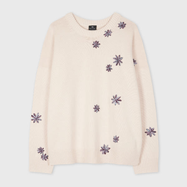 Ps By Paul Smith Women's Blush Knitted 'chamomile Floral' Embroidered Sweater White In White